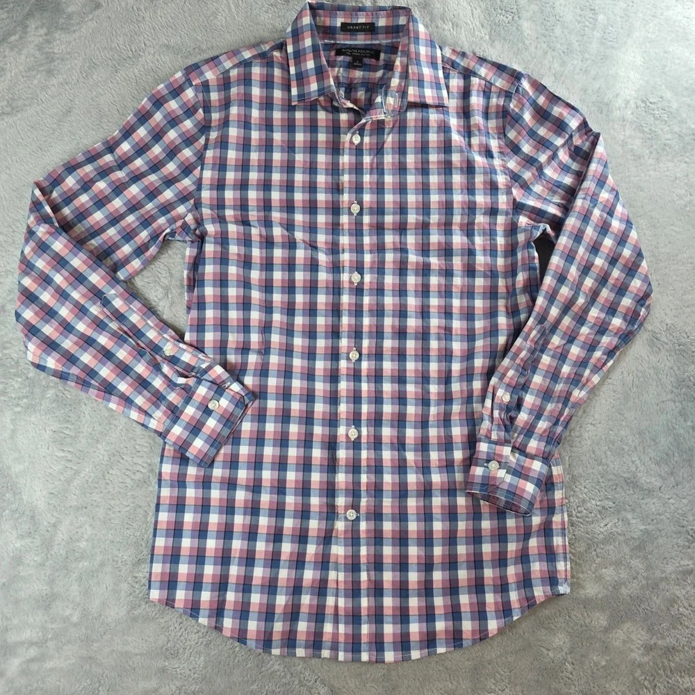Banana Republic Mens S Blue Pink Plaid Button Down Grant Fit Supima Cotton Shirt